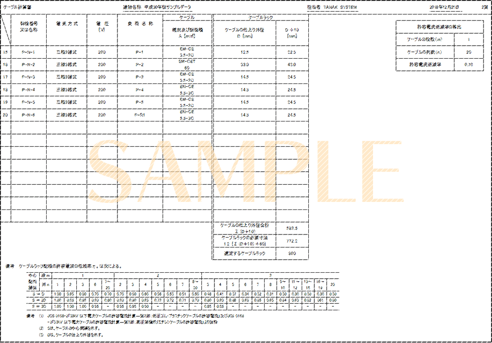 「ケーブル計算書-2」印刷サンプル（E-Calc 平成30年版）