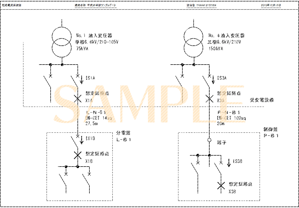 「短絡電流計算書(1/2)」印刷サンプル(E-Calc 平成30年版)