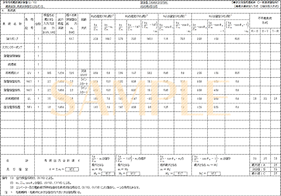 「非常用発電設備計算書(2/10)」印刷サンプル（E-Calc 平成30年版）