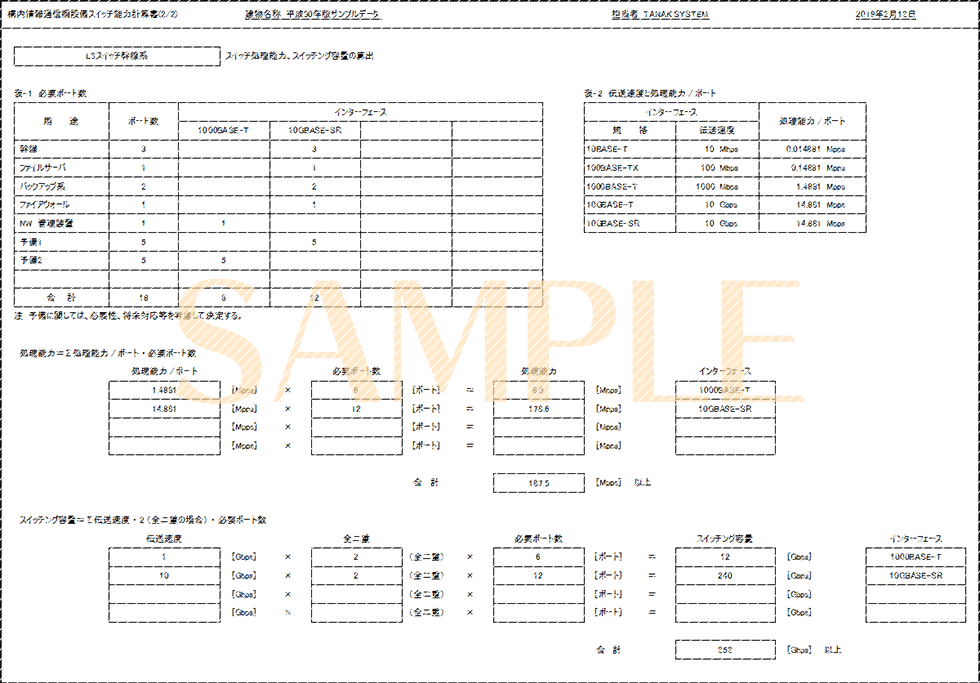 「構内情報通信網設備スイッチ能力計算書(2/2)」印刷サンプル(E-Calc 平成30年版)
