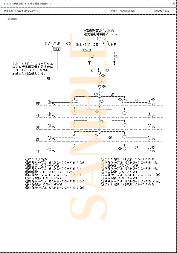 「テレビ共同受信設備テレビ端子電圧計算書1(1/2)」印刷サンプル（E-Calc 平成30年版）