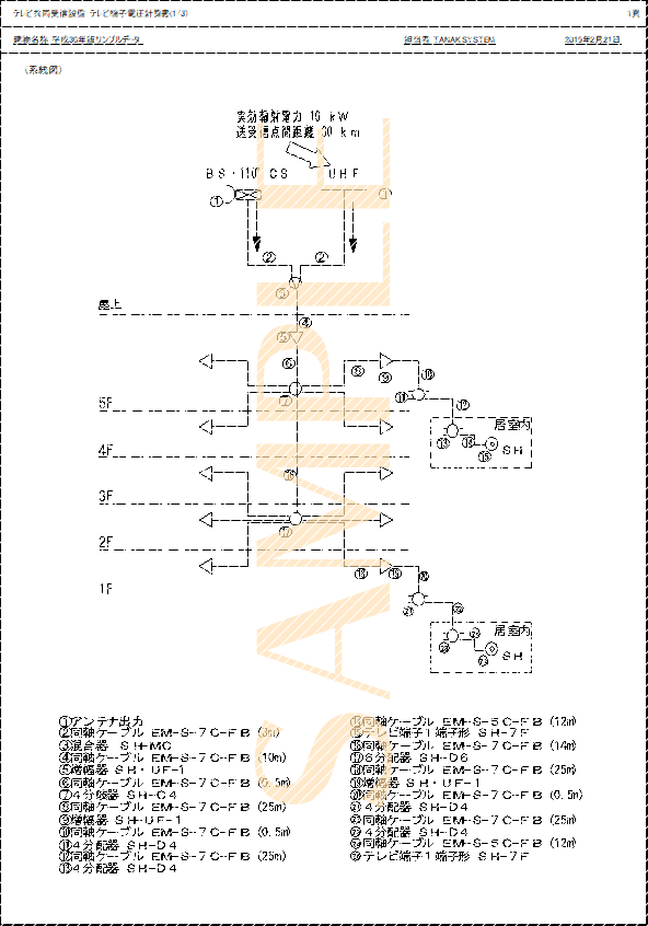 「テレビ共同受信設備テレビ端子電圧計算書2(1/2)」印刷サンプル（E-Calc 平成30年版）