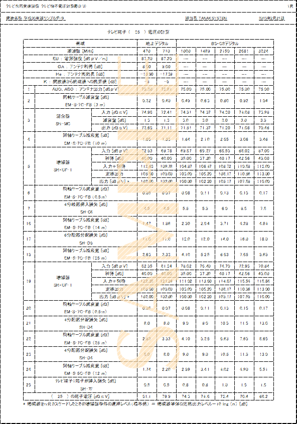 「テレビ共同受信設備テレビ端子電圧計算書2(2/2)-2」印刷サンプル（E-Calc 平成30年版）