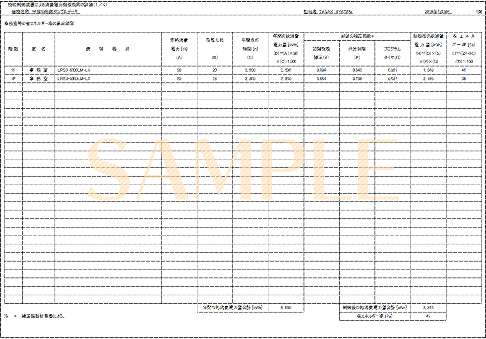「照明制御装置による消費電力削減効果の評価(1/4)」印刷サンプル（E-Calc 平成30年版）