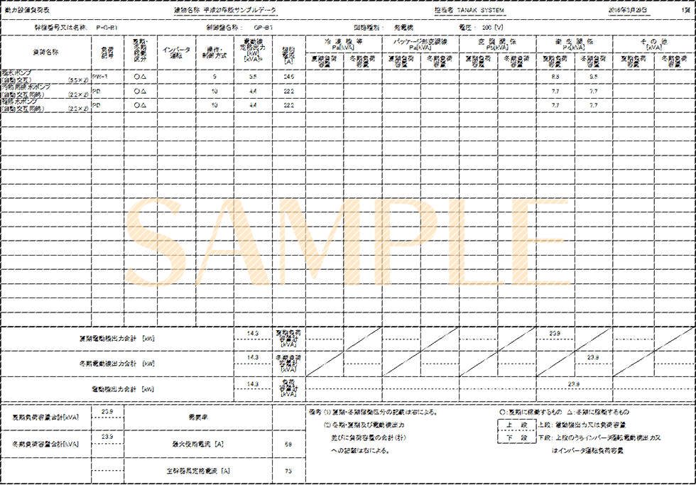 「動力設備負荷表2」印刷サンプル（E-Calc 平成30年版）
