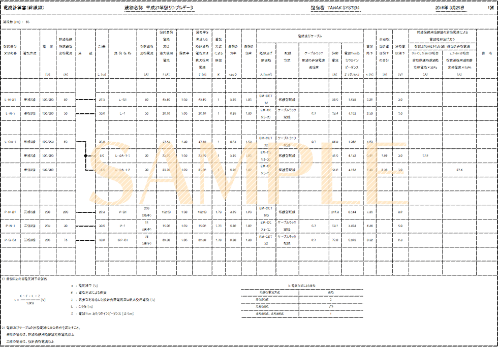 「電路計算書（幹線用）」印刷サンプル（E-Calc 平成30年版）